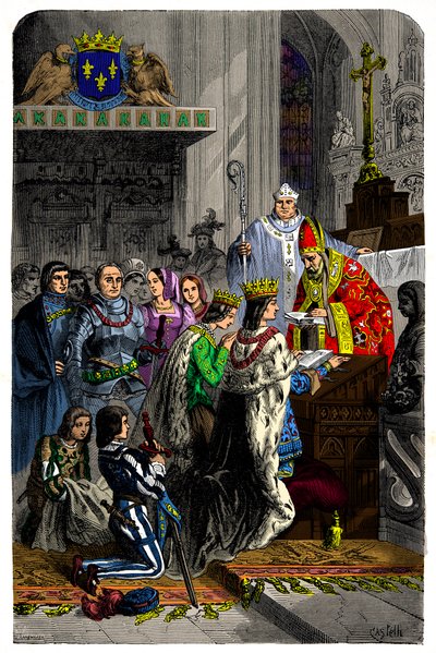 زواج بين تشارلز الثامن (1470-1498) وآن بريتاني (1477-1514) في 13 ديسمبر 1491 في قصر لانجياس ، نقش القرن التاسع عشر بواسطة فنان غير معروف