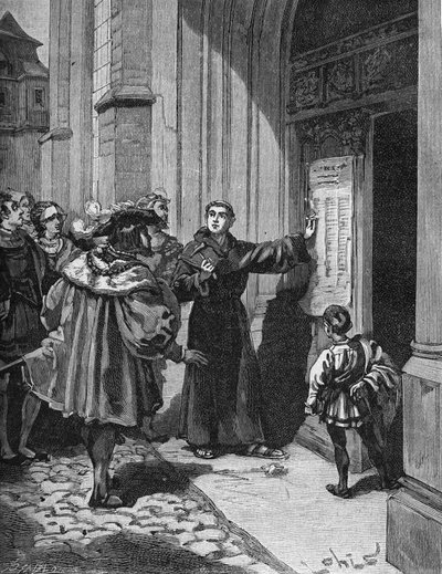 قام مارتن لوثر (1483-1546) بتعليق أطروحاته الـ 95 في فيتنبرغ بواسطة فنان غير معروف
