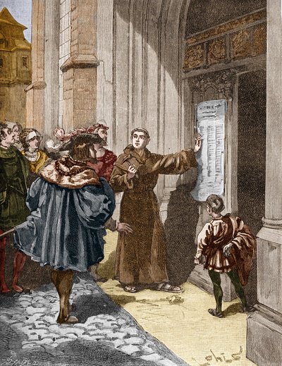 قام مارتن لوثر (1483-1546) بتعليق أطروحاته الـ 95 في فيتنبرغ بواسطة فنان غير معروف