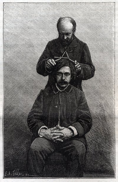 قياسات أقصى عرض للرأس من قبل محافظة الشرطة وفقًا لأساليب ألفونس بيرتيلون (1853-1914) المعروفة باسم "برتيلوناج". نقش في "" La Nature "" بواسطة فنان غير معروف