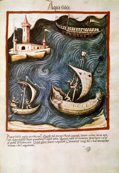 تجارة الأدوية: "" المياه المالحة "" الصفحة مأخوذة من "" Tacuinum sanitatis "" (كود سر. 2644) حوالي 1400 فيينا ، Osterreischische Nationalbibliothek بواسطة فنان غير معروف