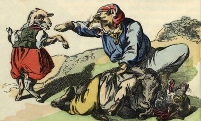 ميدور ينقذ الطاهي الصغير من الذئب. رسم توضيحي لحكاية "Bon Medor and Little Chevrette" ". في "" حكايات من المنزل للصغار "". نقش مجهول من القرن التاسع عشر. بواسطة فنان غير معروف