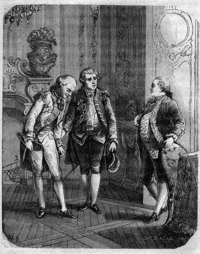 لقاء بين كونت ماربوف ، الحاكم العسكري لكورسيكا عام 1772 وباسكال (باسكوالي) باولي. في "" Pasquale Paoli ossia la rotta di Pontenuovo "" للمخرج FD Guerrazzi. 1872. بواسطة فنان غير معروف