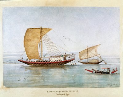 سفينة تجارية على نهر النيل في مصر القديمة (Watercolor بواسطة فنان غير معروف