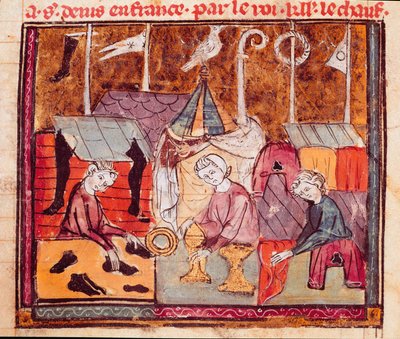 تجار (صانع أحذية وصائغ ذهب وتاجر أقمشة) في معرض Lendit بالقرب من Saint Denis Miniature من "" Grandes Chronicles de France "" 1375-1379 مكتبة البلدية ، Castres بواسطة فنان غير معروف