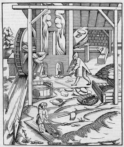 منفاخ فرن معدني يعمل بمحرك هيدروليكي. تشبيه الوجه (Fac-simile) لنقش منشور في "" Cosmographie "(1555) بواسطة سيباستيان مونستر. النقش في "" La Nature: revue des sciences et de leurs applications aux arts et a l'industrie "&q بواسطة فنان غير معروف