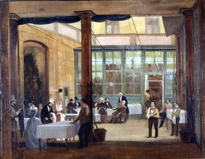 ميلان ، غرفة الطعام في فندق Rebecchino. 1830 عاش Stendhal أعزب ومفلس في هذا الفندق وكذلك في العديد من الفنادق الأخرى في إيطاليا. متحف ميلانو ، ميلان بواسطة فنان غير معروف