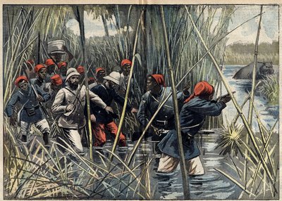 بعثة مارشان (1896-1899) إلى فاشودة (السودان): الكابتن الفرنسي باراتير (1864-1917) وقواته تتقدم عبر المستنقع نحو فاشودة. (وفقًا لسجل النقيب Baratier). رسم توضيحي في "" Le Pelerin "بتاريخ 6 تشرين الثاني (نوفمبر) بواسطة فنان غير معروف