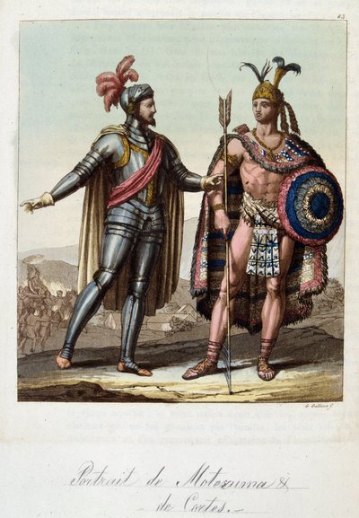 مونتيزوما الثاني ، ملك الأزتك ، وهيرنان (أو هيرناندو) كورتيس أو فيرناند كورتيز (1485-1547) ، الفاتح الإسباني - في "" الزي القديم والحديث "بقلم فيراريو ، محرر. ميلان بواسطة فنان غير معروف