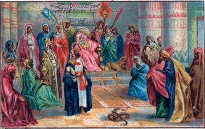 موسى وهارون ضد الفرعون الغاضب Chromolithography في نهاية القرن التاسع عشر. بواسطة فنان غير معروف