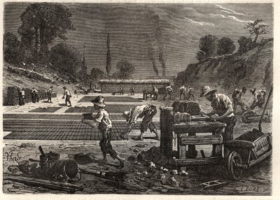 قولبة البريك - قولبة الطوب - نقش في "Les Merveilles de l'Industrie" بواسطة Louis Figuier بواسطة فنان غير معروف