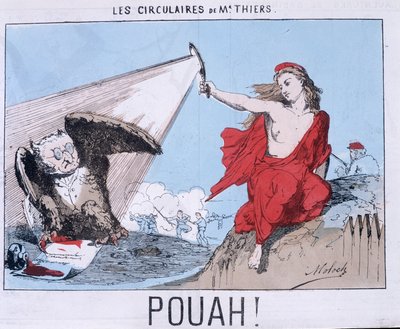 منشورات السيد تيير - بوا! : رسم كاريكاتوري لتيير في Owl and Marianne (La commune) يضيئه. بواسطة فنان غير معروف