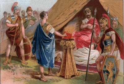 Scaevola قبل Porsena (Scaevola قبل Porsena). سي.موسيوس ، أرستقراطي روماني شاب أسره الحرس الملكي لبورسينا (باستمرار ، بورسينا) بواسطة فنان غير معروف