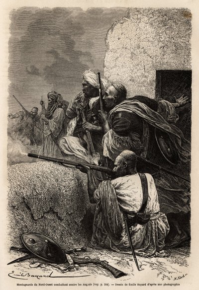 استقر متسلقو الجبال المسلمون في جبال سفات ، وقاتلوا حملة بريطانية عام 1863 لوقف نهب القرى في المنطقة. نقش لتوضيح قصة بانجاب وكشمير ، بقلم غيوم ليجان عام 1866 ، نُشر في "" Le tour du بواسطة فنان غير معروف