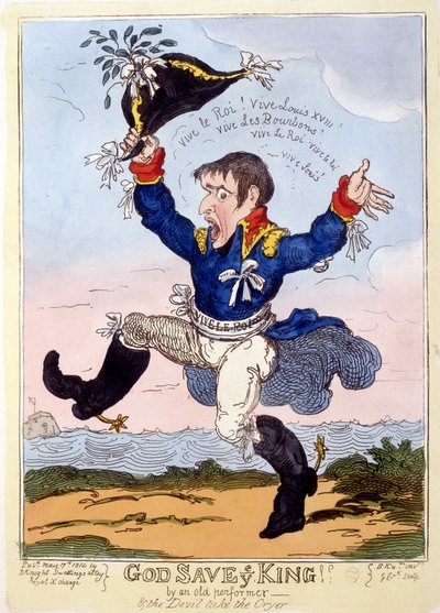 نابليون الأول يهتف "" Vive le roi "" لظهور لويس الثامن عشر - في "" Napoleon 1er "، مجموعة من الرسوم الكاريكاتورية بواسطة فنان غير معروف