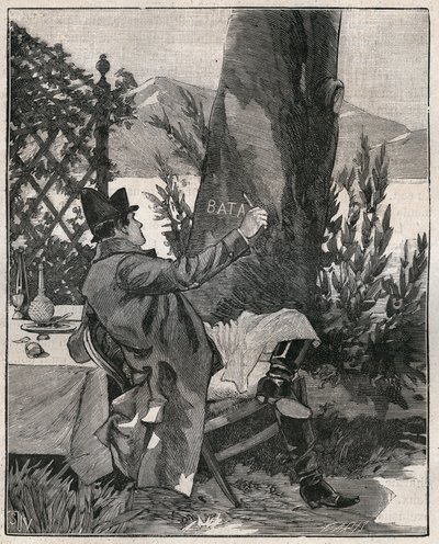 كتب نابليون بونابرت (1769-1821) كلمة "باتاغليا" على جذع شجرة غار في جزيرة إيزولا بيلا على بحيرة ماجوري (لاغو ماجوري) ، قبل ثلاثة أيام من معركة مارينغو في عام 1800. نقش من عام 1885 في "" توضح Les Arts et metiers " بواسطة فنان غير معروف