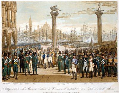 نابليون الأول في البندقية في 29 نوفمبر 1807 أمام البحرية الإيطالية ، نقش عام 1845 بواسطة فنان غير معروف