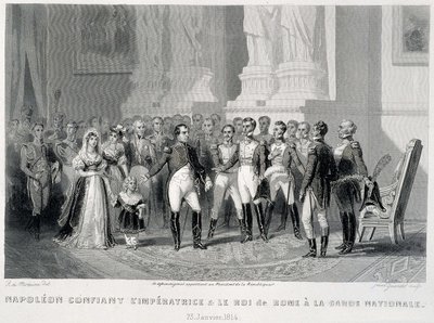 عهد نابليون بالإمبراطورة وابنها ملك روما إلى الحرس الوطني (23 يناير 1814) - في "Fasttes de Gardes nationales de France" بواسطة فنان غير معروف