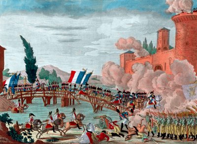 نابليون يقود جيشه عبر الجسر في لودي - نابليون أثناء المعركة وممر جسر لودي في عام 1796 - ممر جسر لودي في إيطاليا من قبل الجيش الجمهوري الفرنسي بتكليف من القائد العام نابليون بونابرت - بواسطة فنان غير معروف