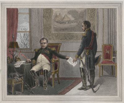 وقع نابليون على تنازله عن العرش عام 1814 - نابليون بونابرت (1769-1821) في فونتينبلو خلال أول تنازل له ، وقع في أبريل 1814 نقشًا في "Les Fastes populaires، ou Histoire des heriques du peuple et de son effect sur les sciences، le بواسطة فنان غير معروف