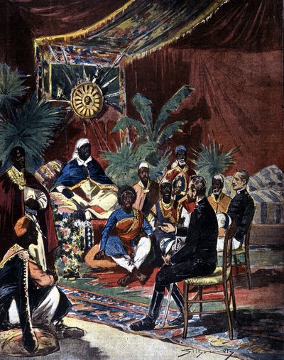 مفاوضات السلام مع إثيوبيا بعد الهزيمة الإيطالية في أدوا عام 1896. التقى الرائد سالسا والكابتن أنغيرا بالملك مينليك الثاني (1844 - 1913) ورؤسائه. رسم توضيحي لمطبعة أواخر القرن التاسع عشر بواسطة Silhouette. بواسطة فنان غير معروف