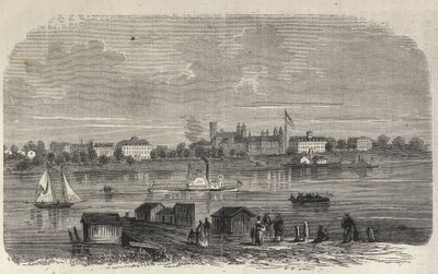 ولاية نيويورك - مؤسسة لجنة الهجرة - جزيرة وارد - نقش في "الكون المصور" عام 1869 بواسطة فنان غير معروف