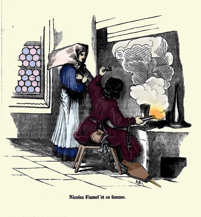 نيكولا فلاميل (1330 - 1418) مع زوجته. بواسطة فنان غير معروف