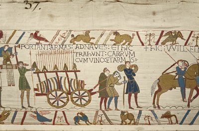 نورمان يسحبون عربة محملة بالنبيذ والأسلحة ، Bayeux Tapestry (تطريز من الصوف على الكتان) بواسطة فنان غير معروف
