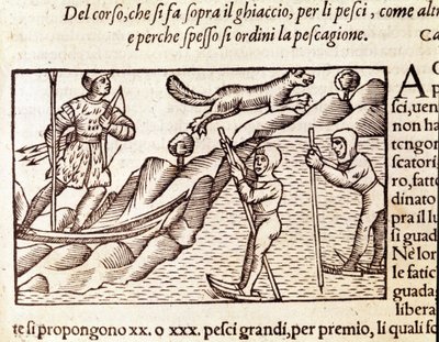 صيادون نرويجيون يتحركون عبر الزلاجات. نقش بواسطة Olaus Magnus (1490 - 1557) ، ديني وجغرافي سويدي ، "Historia de Gentis Septentrionalibus" ، البندقية بواسطة فنان غير معروف