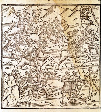 الصيادون النرويجيون يسافرون على الزلاجات وحيوانات الرنة. نقش بواسطة Olaus Magnus (1490 - 1557) ، عالم ديني وجغرافي سويدي ، "Historia de Gentis Septentrionalibus" ، البندقية بواسطة فنان غير معروف