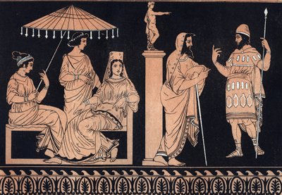 Odyssey by Homer - Ulysses at court of Alcinous - Odyssee d'Homere: "Ulysses a la cour d'Alcinoos" يطلب يوليسيس من Alcinous (Alcinoos، Alkinoos) المساعدة اللازمة للعودة إلى وطنه - نقش من "Usi e Costumi di Tutti II Popoli dell'Uni بواسطة فنان غير معروف