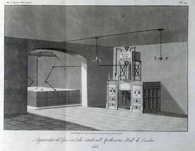 جهاز الغاز النفطي الموجود في Apothicaries Hall في لندن. لوحة مأخوذة من "مجلة الزراعة والفنون والتقنيات" (مجلة الزراعة والفنون والتقنيات). 1823. بواسطة فنان غير معروف