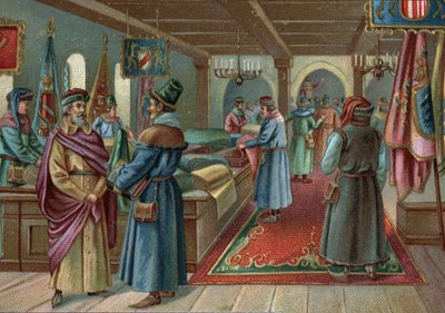 مراكز التسوق القديمة: قاعة الكتان في بروج ، بلجيكا في القرن الخامس عشر. الطباعة الحجرية الملونة في أواخر القرن التاسع عشر بواسطة فنان غير معروف