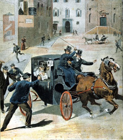 في 16 يونيو 1894 ، أطلق الأناركي باولو ليجا في روما مسدسًا على فرانشيسكو كريسبي ، رئيس المجلس الإيطالي. رسم توضيحي لهذه الفترة. بواسطة فنان غير معروف