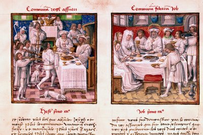 على اليسار عيد أسويرس الأول (زركسيس الأول). على اليمين عيد بني أيوب. مصغرة من مخطوطة "Le Miroir de l