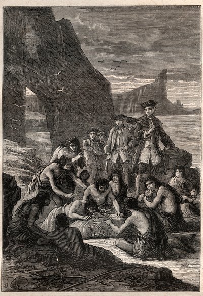 أحدهم مفصول بالأسنان: نائب الأدميرال جون بايرون (1723-1786) في إحدى جزر ديترويت في ماجلان - الفويجيان (سكان تييرا ديل فويغو) يفصلون بأسنانهم حوتًا تمزق وتحجرت على الشاطئ - مريض بواسطة فنان غير معروف