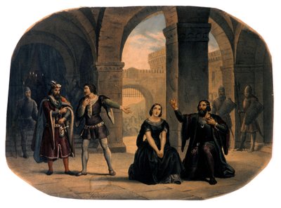 مسرح الأوبرا "I vespri siciliani" (صلاة الغروب الصقلية) من تأليف جوزيبي فيردي. الطباعة الحجرية الملونة في أواخر القرن التاسع عشر .. بواسطة فنان غير معروف