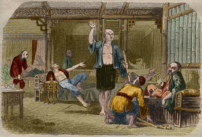 مدخنو الأفيون في الصين في منتصف القرن التاسع عشر. نقش من 1857 في "" Le Musee Des Sciences "" بواسطة فنان غير معروف