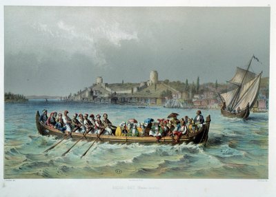الإمبراطورية العثمانية: قارب شامل في القسطنطينية (اسطنبول). مطبوعات القرن التاسع عشر. الفنون الزخرفية ، باريس بواسطة فنان غير معروف