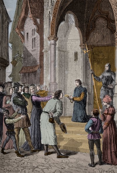 بيركين واربيك (1474-1499) محتال فلمنكي ؛ يزعم أنه ريتشارد ، دوق يورك ، ثاني أبناء إدوارد إيف - قراءة اعترافه خارج قاعة وستمنستر ، لندن بواسطة فنان غير معروف