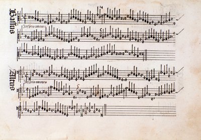 صفحة من المقطوعات الموسيقية للموسيقى التوافقية Odhecaton بواسطة Ottaviano Petrucci (1501) بواسطة فنان غير معروف