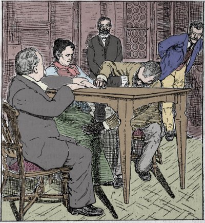 الظواهر الخارقة: تجربة رفع طاولة في ميلانو عام 1892 بحضور الوسيط Eusapia Paladino و Cesare Lombroso (1835-1909) و Charles Richet (1835-1909). بواسطة فنان غير معروف