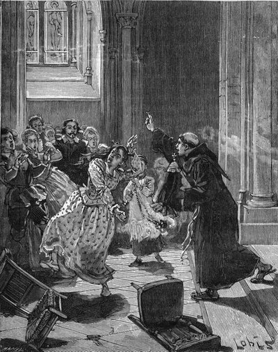 باريس ، كنيسة Sainte Genevieve (Sainte-Genevieve) (1599): راهب Capuchin يحاول طرد امرأة ، مارثا ، مدعيا أن الشيطان يمتلكها. نقش القرن التاسع عشر. في "هيستوار دو فرانس" لجول ميشليه بواسطة فنان غير معروف