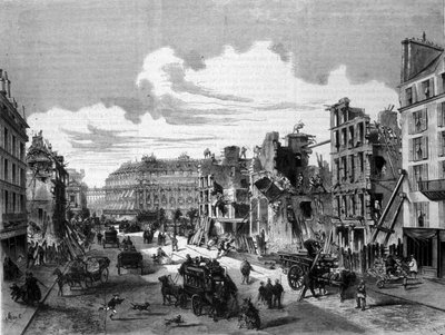 Paris، demolition rue de la Paix لافتتاح شارع de Reaumur. 1868. نقش من القرن التاسع عشر. بواسطة فنان غير معروف