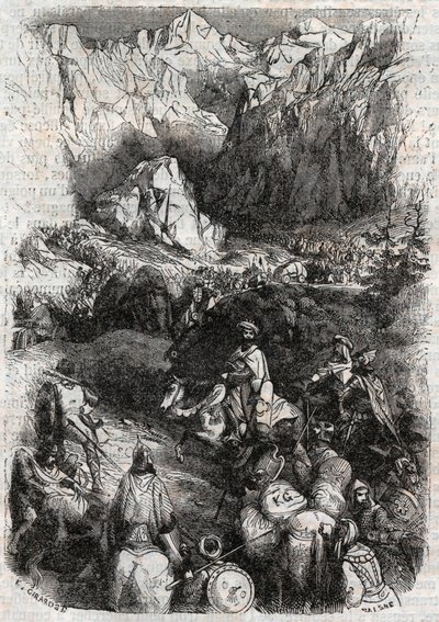 مرور البيرينيه من قبل المغاربة - نقش عام 1851 من "Furious Roland" (أورلاندو فوريوسو) (القرن السادس عشر) لودوفيكو أريوستو ، المعروف باسم Ariosta - طبعة مترجمة من الإيطالية بواسطة Count of Tressan ونشرها Gustave Harvard 1851 بواسطة فنان غير معروف