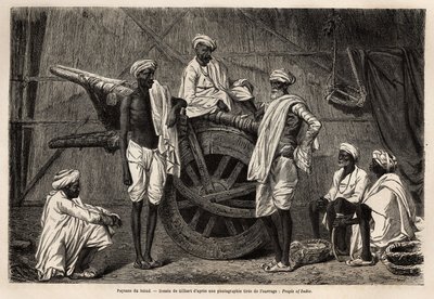 فلاحون من Scind (منطقة البنجاب ، الهند) ، بجانب آلاتهم الزراعية. نقش لتوضيح الرحلة إلى Pandjab وكشمير ، قصة كتبها Guillaume Lejean ، في عام 1866 ، نُشرت في "Le tour du monde ، nouveau journal des voyages" ، تحت Directi بواسطة فنان غير معروف
