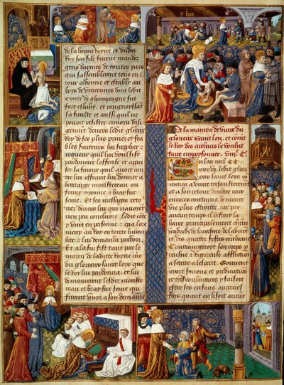 مشهد بيتي: "" الملك لويس التاسع (1214-1270) (القديس لويس) يغسل أرجل الفقراء ، ويصلي الملك ومشاهد الصدقة المسيحية من الملك "" صورة مصغرة من مخطوطة "" كتاب حقائق القديس المونسنيور لويس "" القرن الخامس عشر. باريس ، BN بواسطة فنان غير معروف