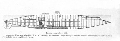 لوحة تمثل الغواصة الإسبانية (الغواصة) بيرال التي صممها إسحاق بيرال (1851-1895) في عام 1884 بواسطة فنان غير معروف
