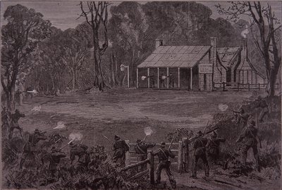 الشرطة تفتح النار على Kelly Gang في فندق Glenrowan ، 28 يونيو 1880 (نقش) بواسطة فنان غير معروف