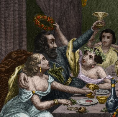 البابا ألكسندر السادس (1431-1503) (أليساندرو ، رودريجو بورجيا) يحتفل رودريغ بورجيا بزواج ابنته لوكريس بورجيا (لوكريزيا) مع 50 من المحظيات في الفاتيكان. نقش من عام 1842 في "Histoire des popes: جرائم ، قتل ، تسمم ، باريسي بواسطة فنان غير معروف